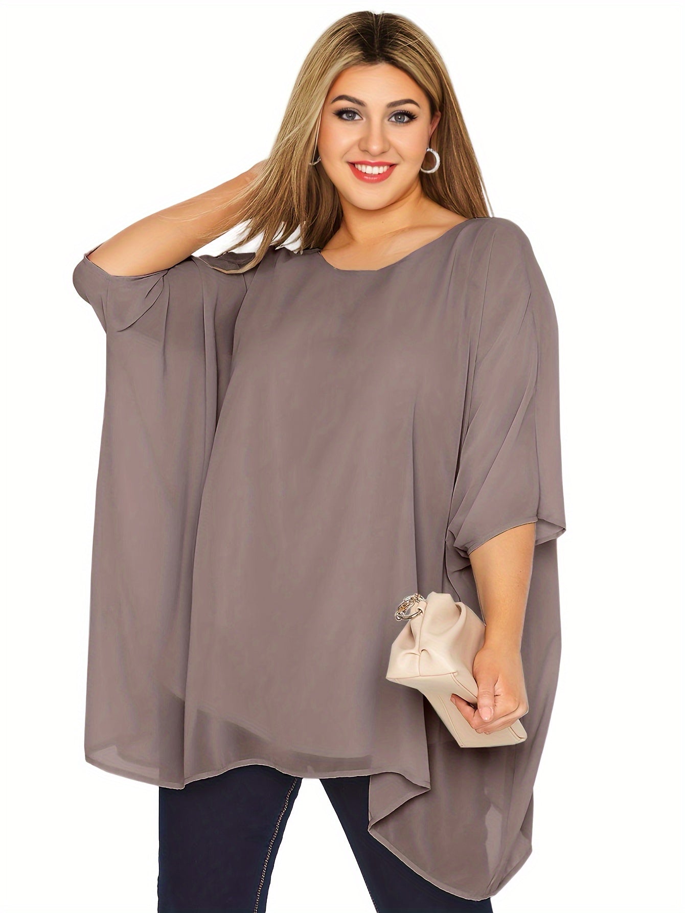 Plus Size Women's Batwing Sleeve Casual Crew Neck Solid Top