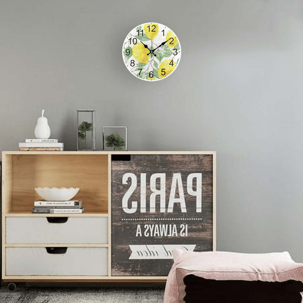 Fruit Theme Wall Clock with Golden Lemon Pattern Silent Non-Ticking Battery Operated for Living Room Kitchen Decor