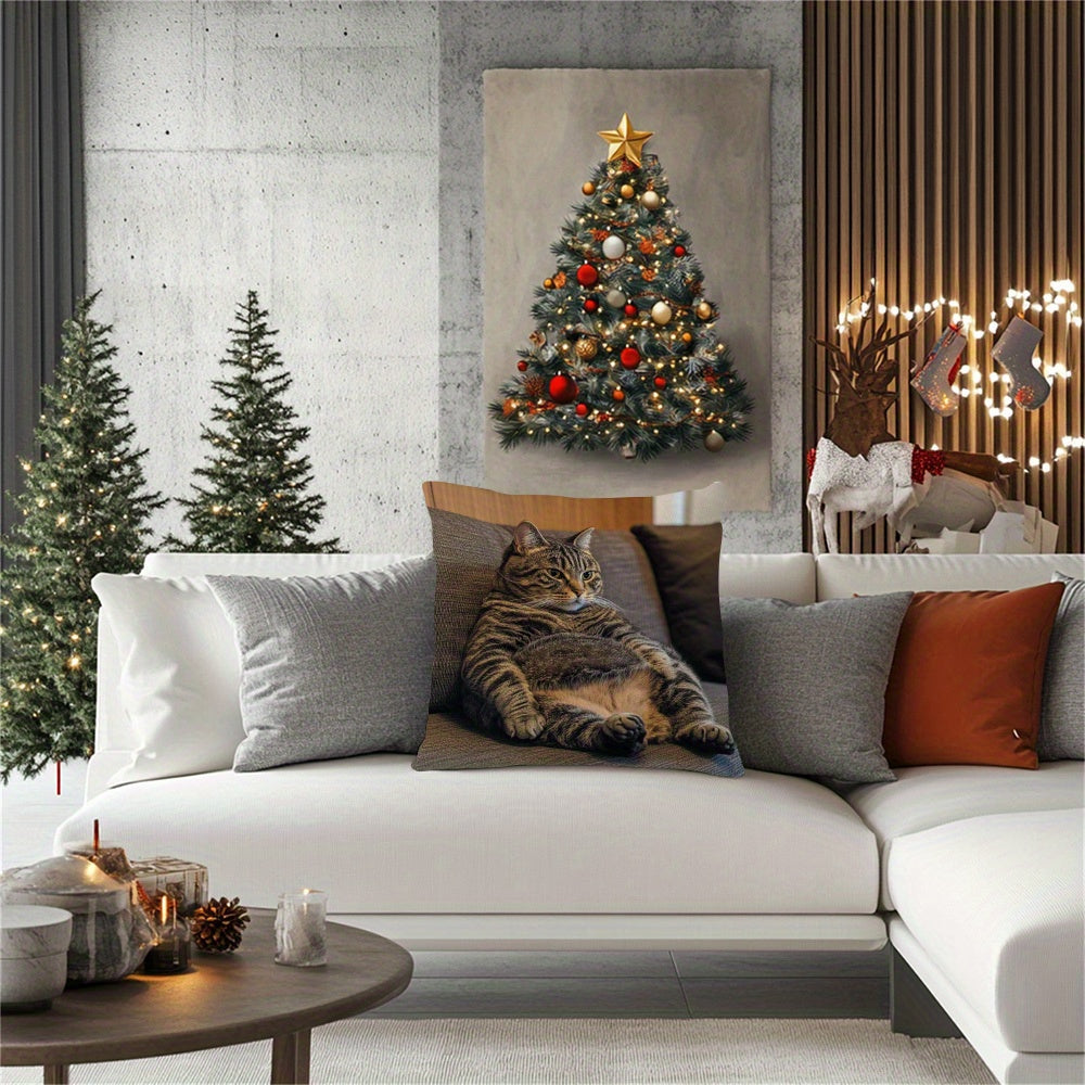 Double-Sided Cat Throw Pillow Cover Winter Decor Sofa Cushion Cover Christmas Thanksgiving Polyester 18x18