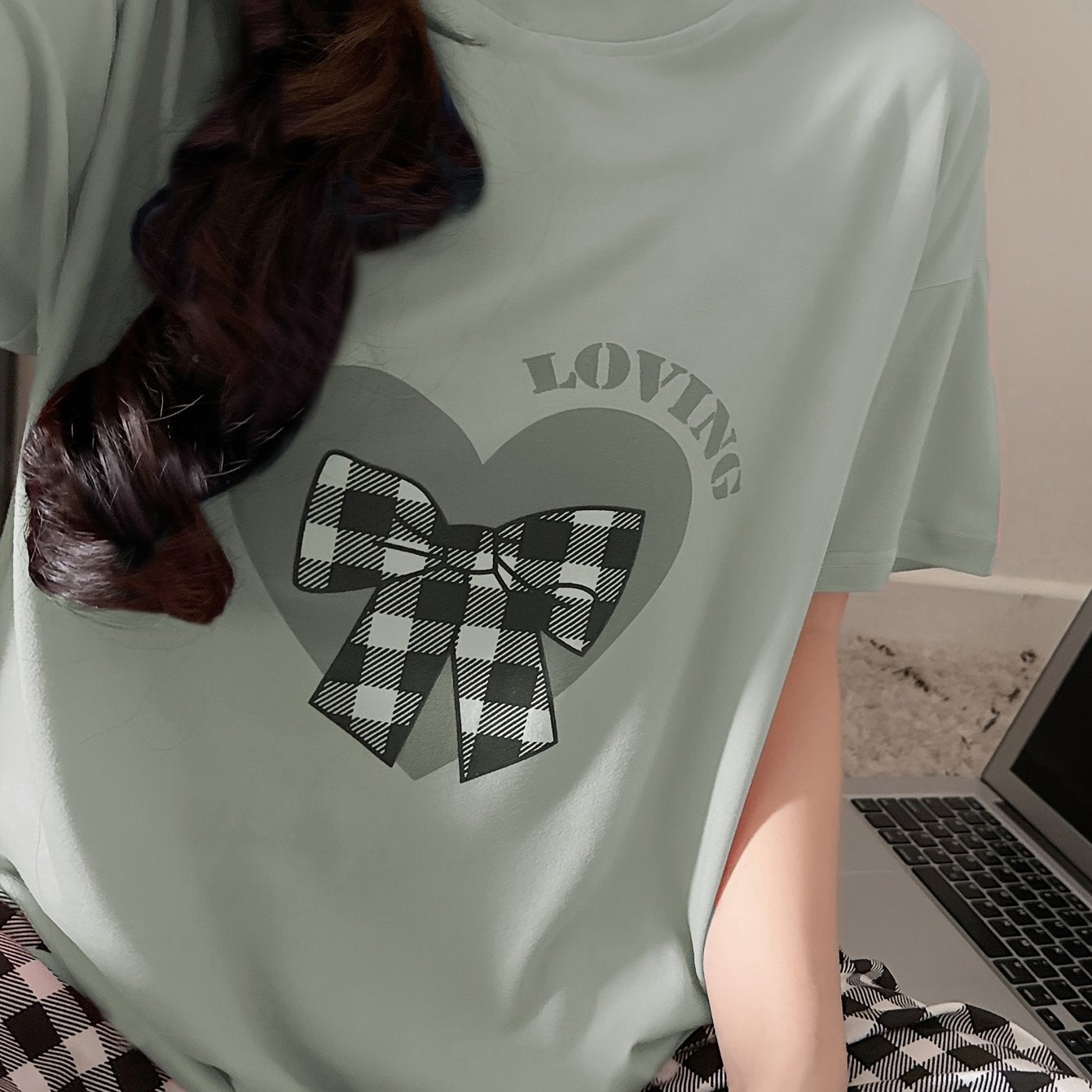 Women's Plus Size Pajama Set Light Purple Heart Checkered Lounge Wear