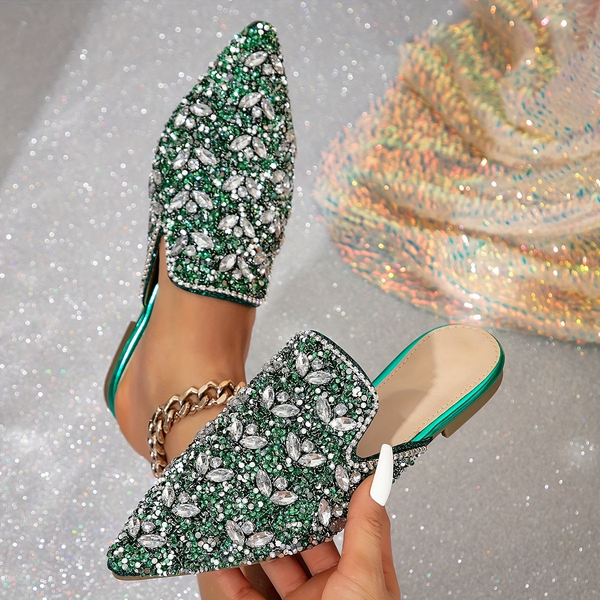 Women's Green Water Crystal Embellished Slip-On Flats Shoes