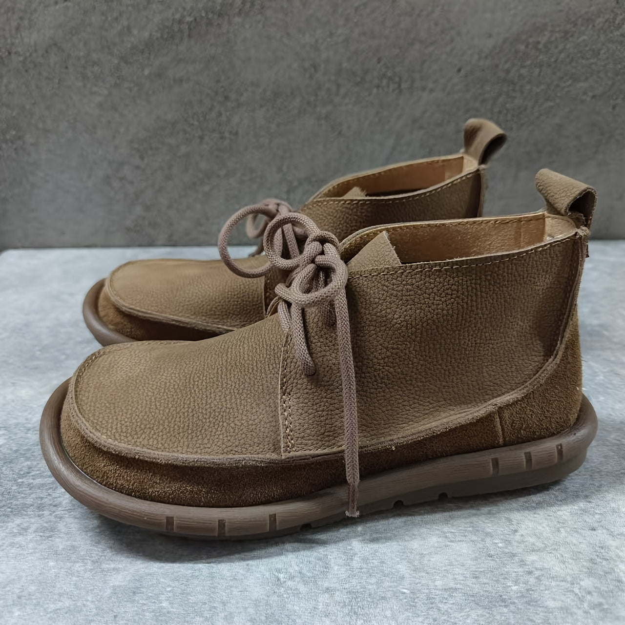 Women Cow Leather Ankle Boots Solid Color Lace-Up Flat Heel All-Season