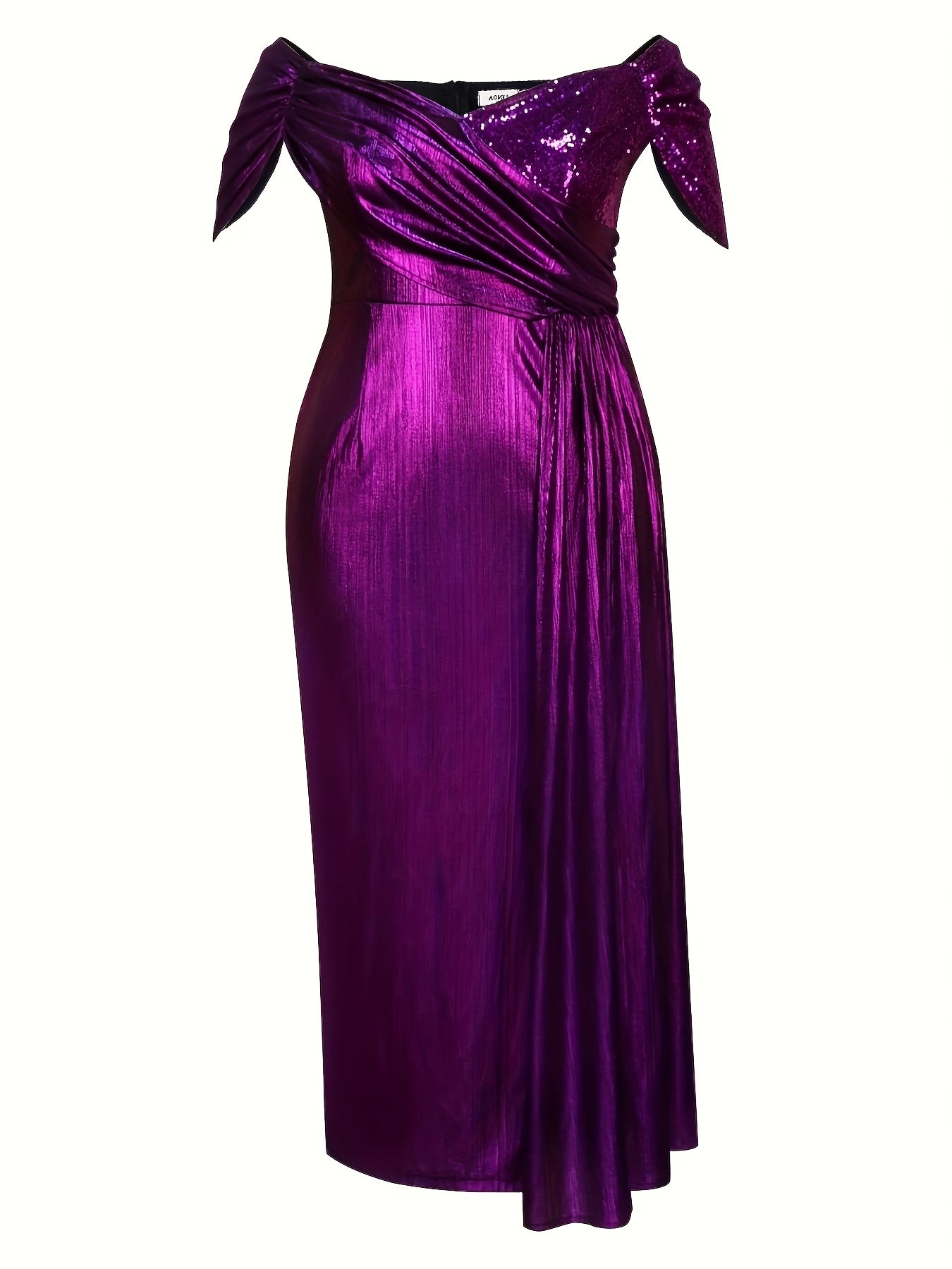 Plus Size Sequin Off-Shoulder Evening Gown Purple High Slit Formal Dress