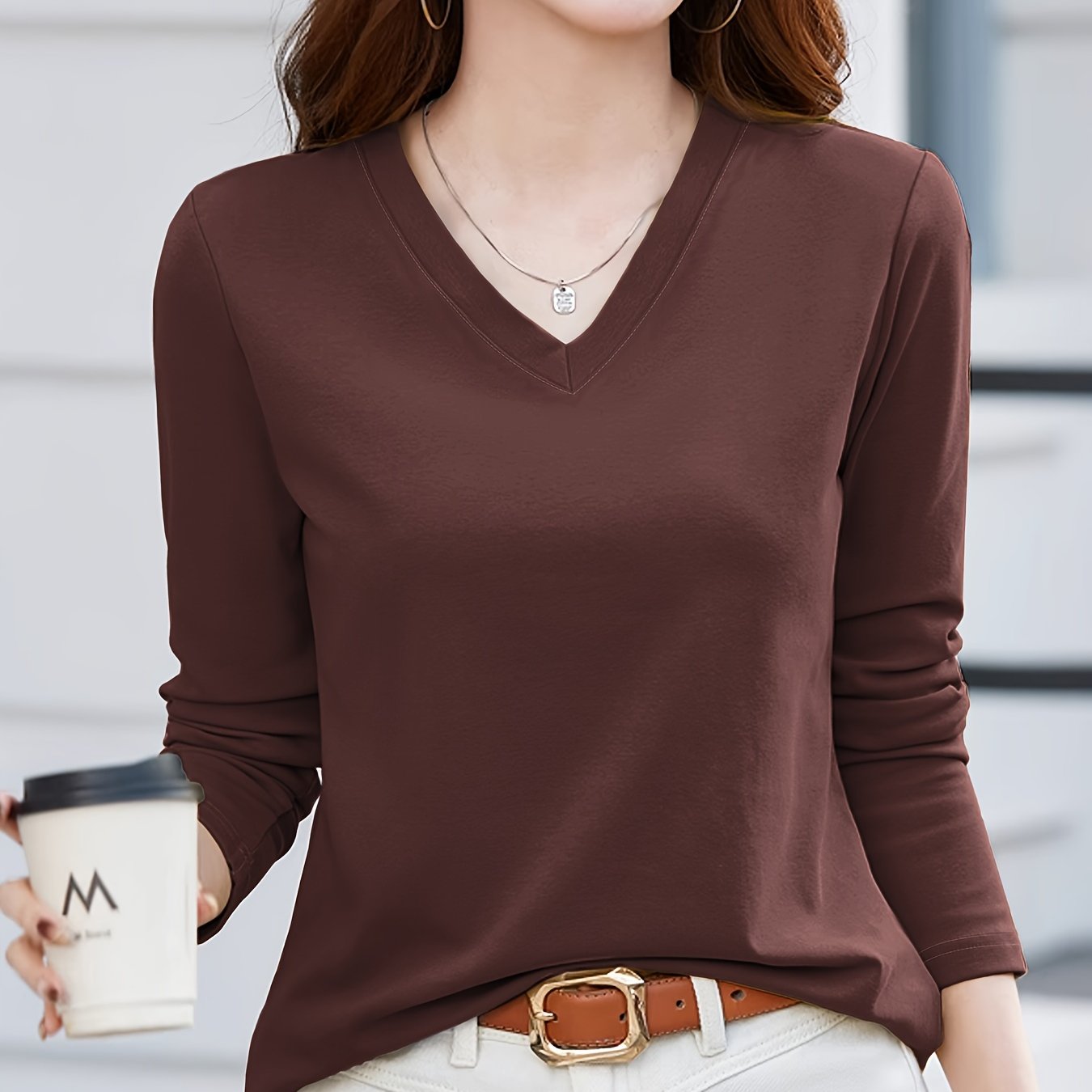 Women's Solid Color V-Neck Casual Top Polyester Spring Summer Mid Elasticity