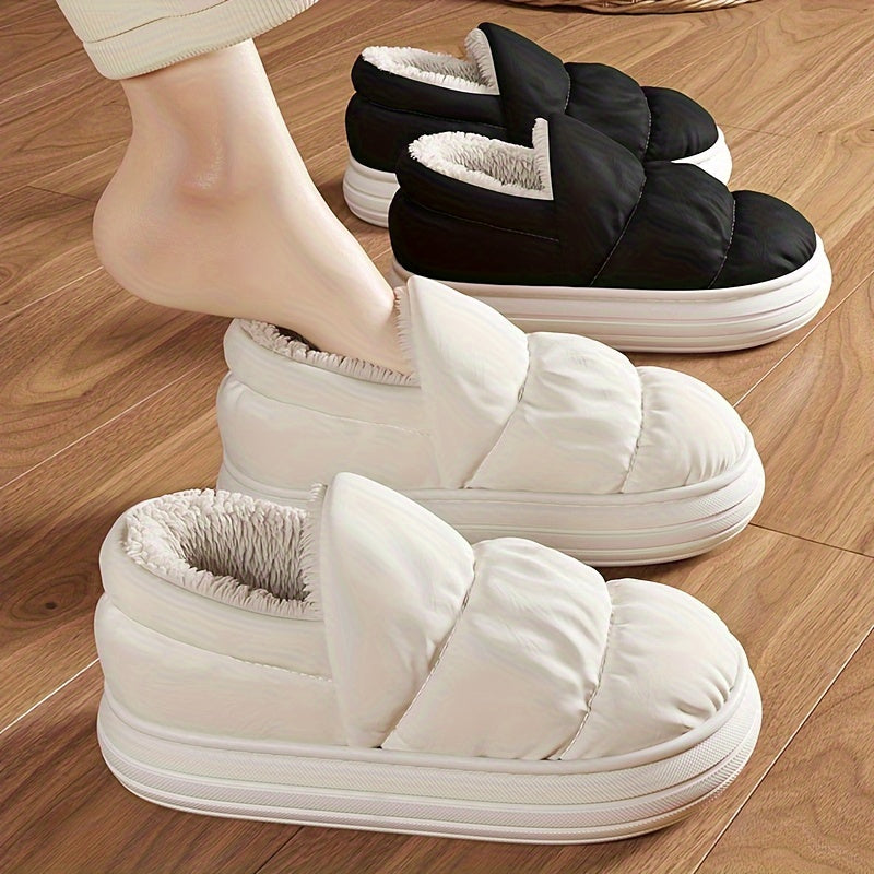 Ayollar uchun mo'ljallangan plüsh qishki chanoqchalar, yumshoq va issiq ichki va tashqi uy poyabzali, qora va oq