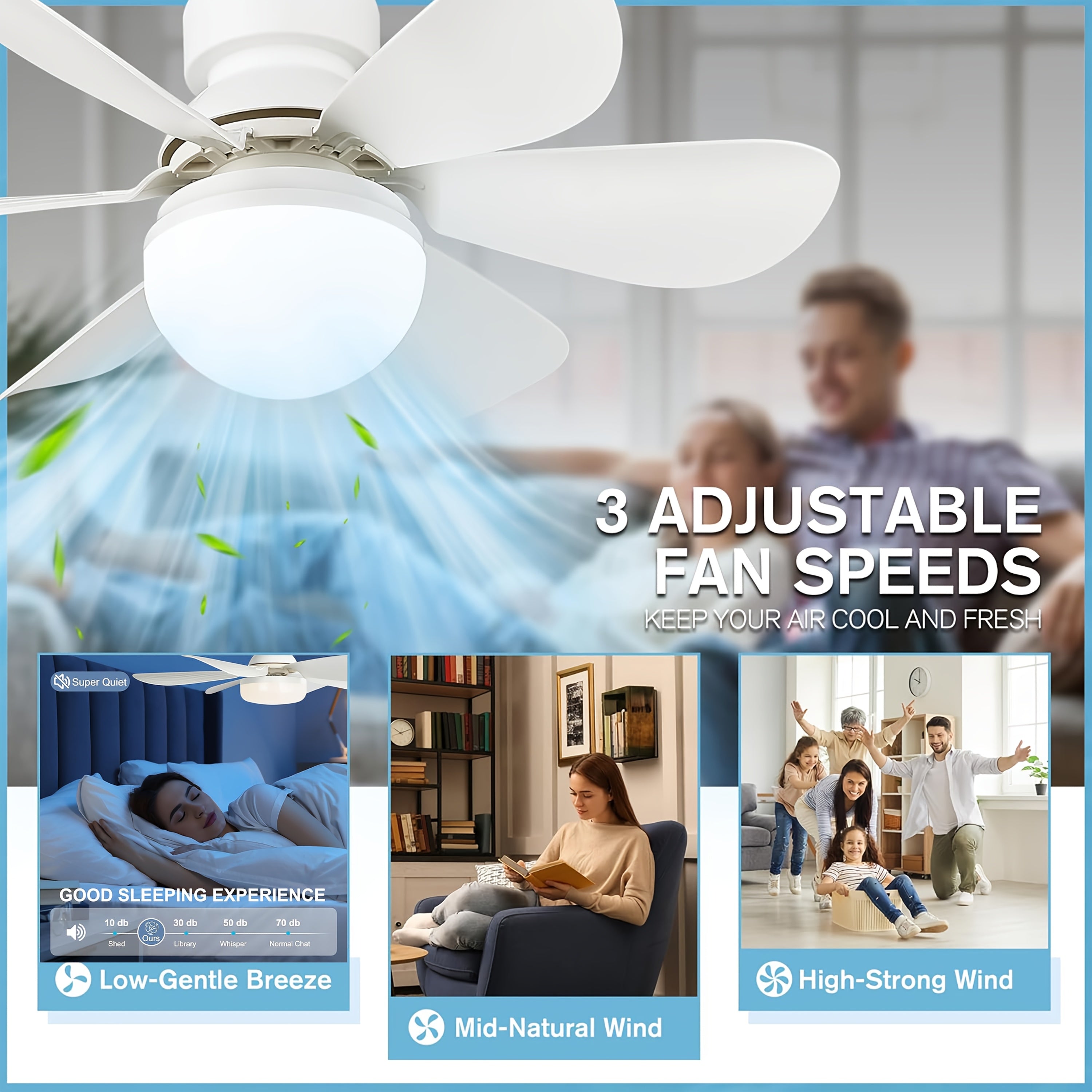Ceiling Fan with Light 41.91cm 52.07cm 3-Speed 3-Color Dimmable E26/E27 Remote