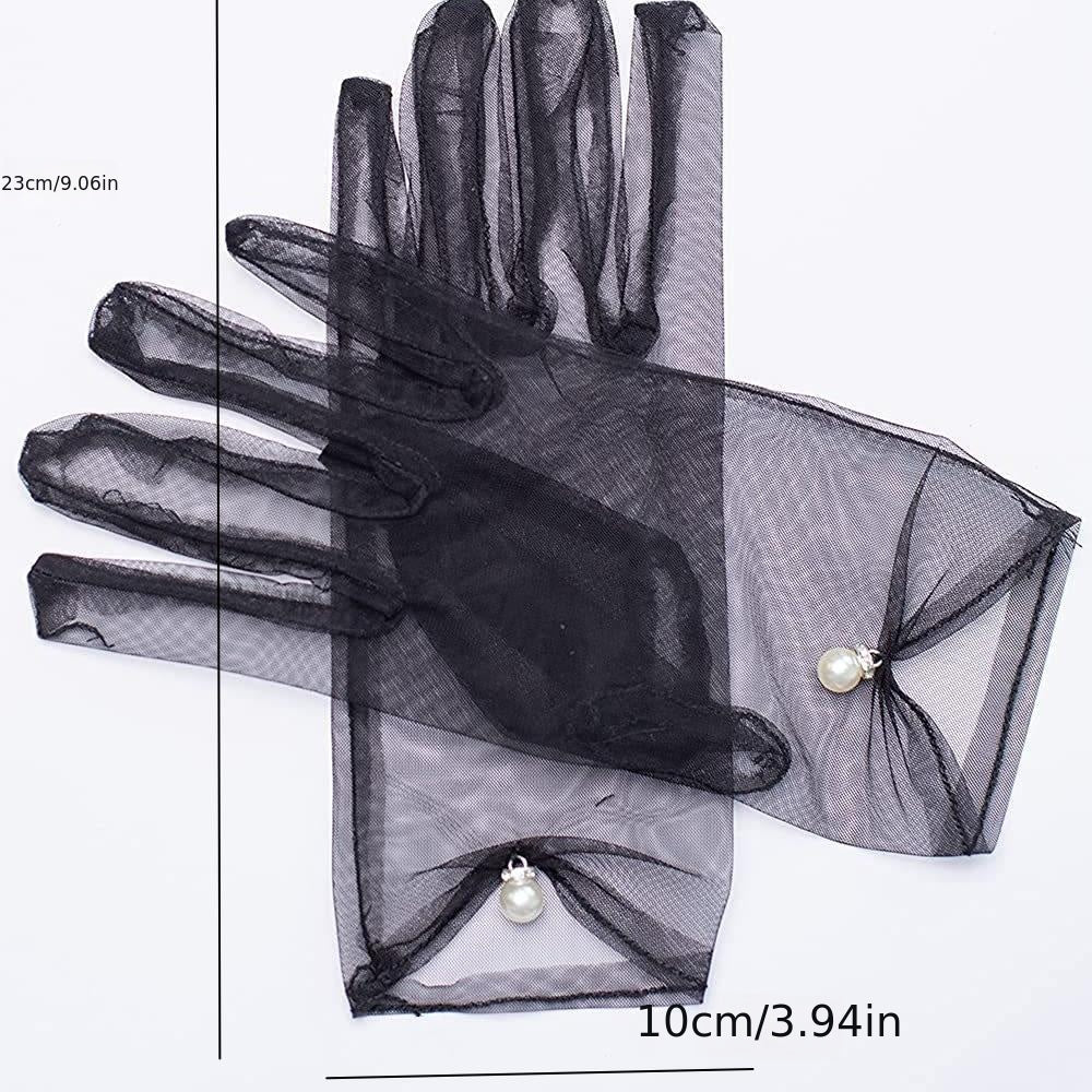 Vintage Bridal Gloves White Black Lace Faux Pearl Wedding Accessories