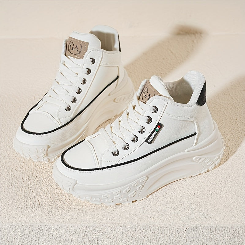 Women's White Breathable Lace-Up High-Top Sneakers for Running and Fitness