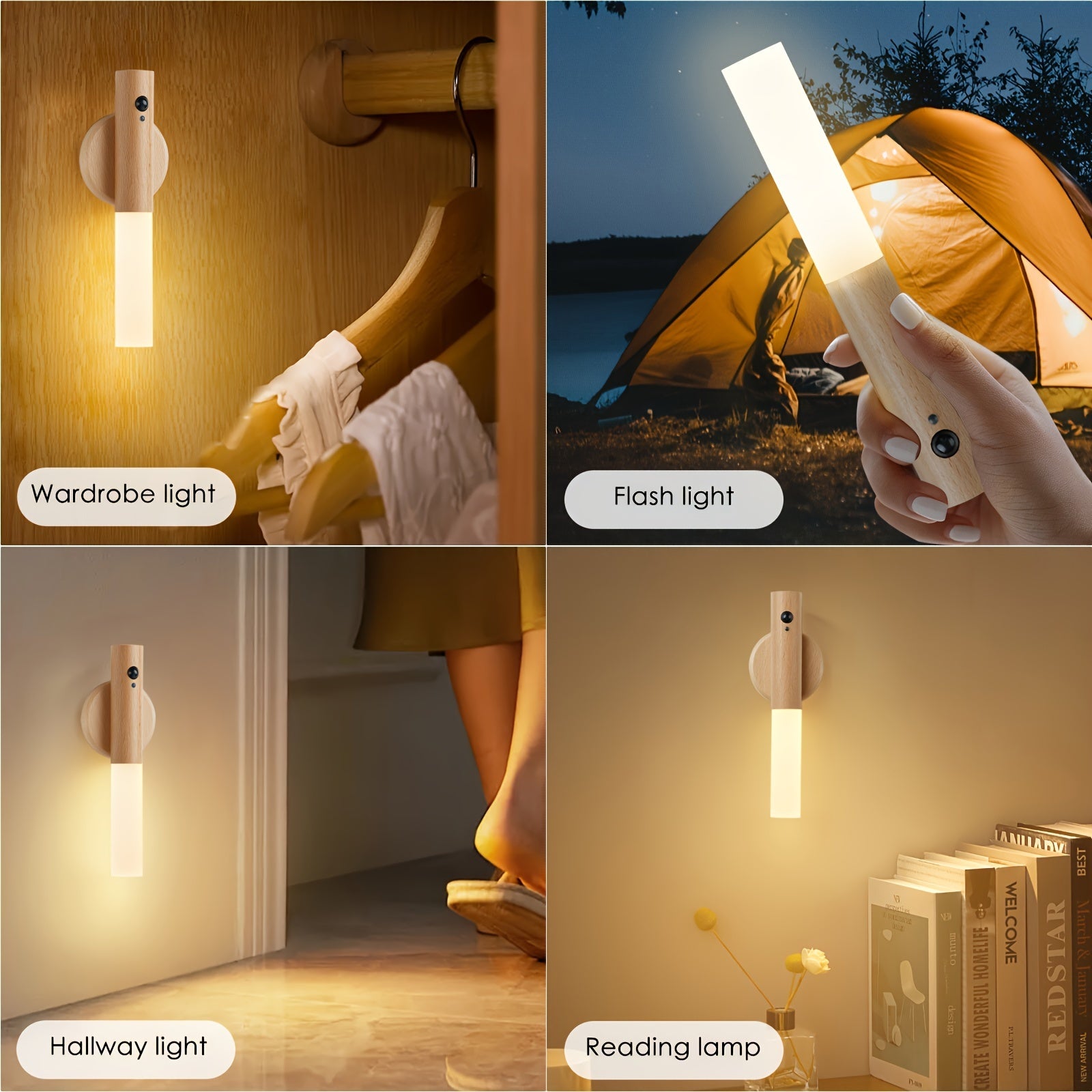 Modern Beech Wood LED Wall Sconces with Motion Sensor Rechargeable Night Lights for Bedroom Hallway
