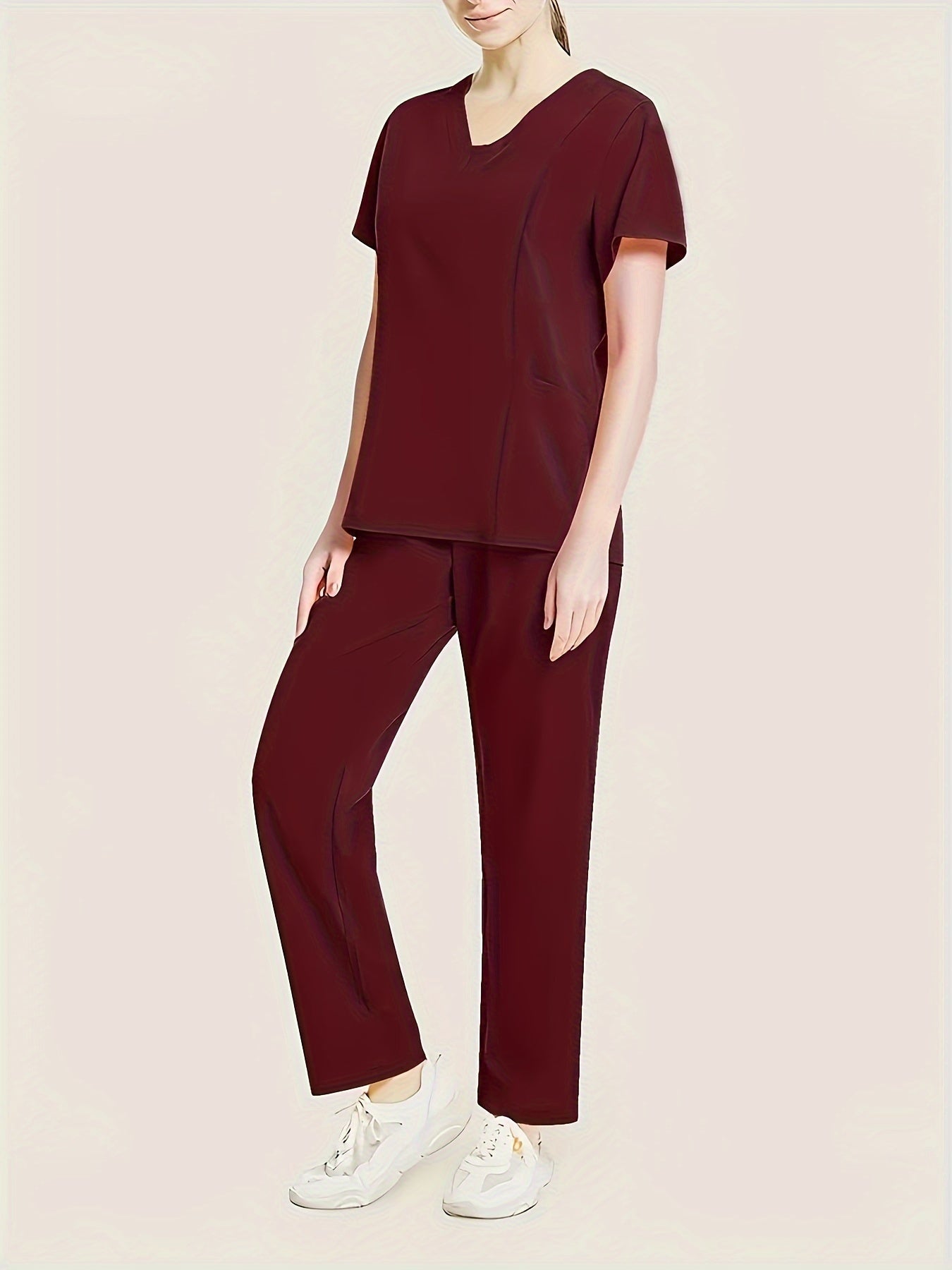 Women's Red V-Neck Scrub Set Short Sleeve Polyester Blend with Pockets
