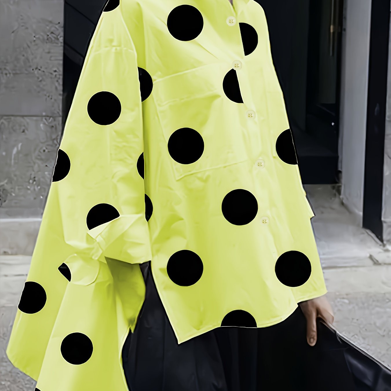 Women's Pink Polka Dot Long Sleeve Shirt with Lapel Collar and Side Slit in Polyester Blend