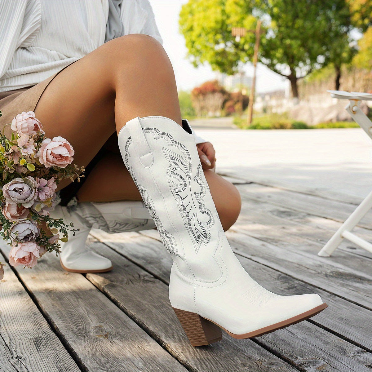 Women's White Western Mid-Calf Boots with Embroidery Slip-On Casual Footwear
