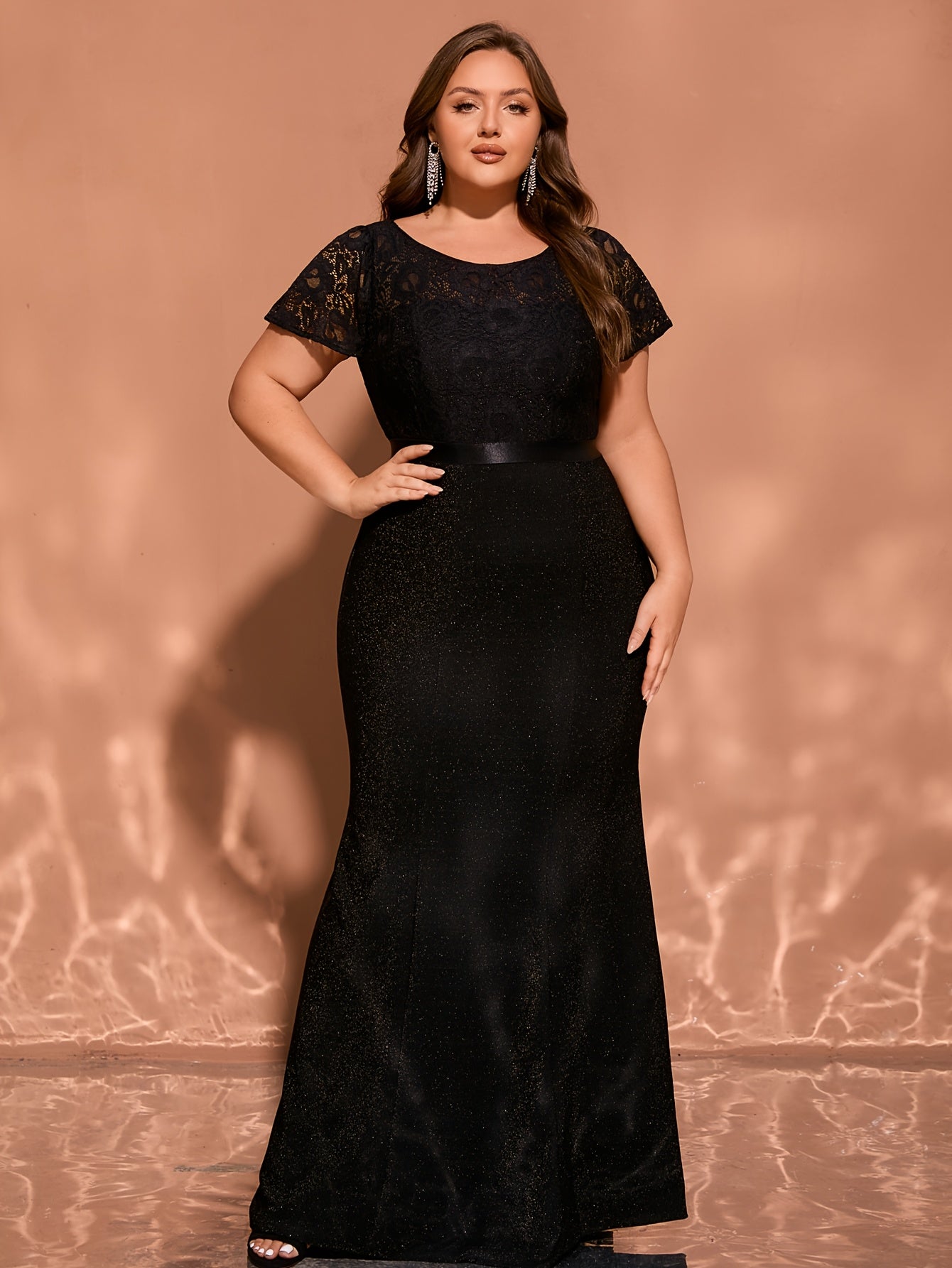 Plus Size Black Mermaid Maxi Dress Glittery Party Wedding Gown