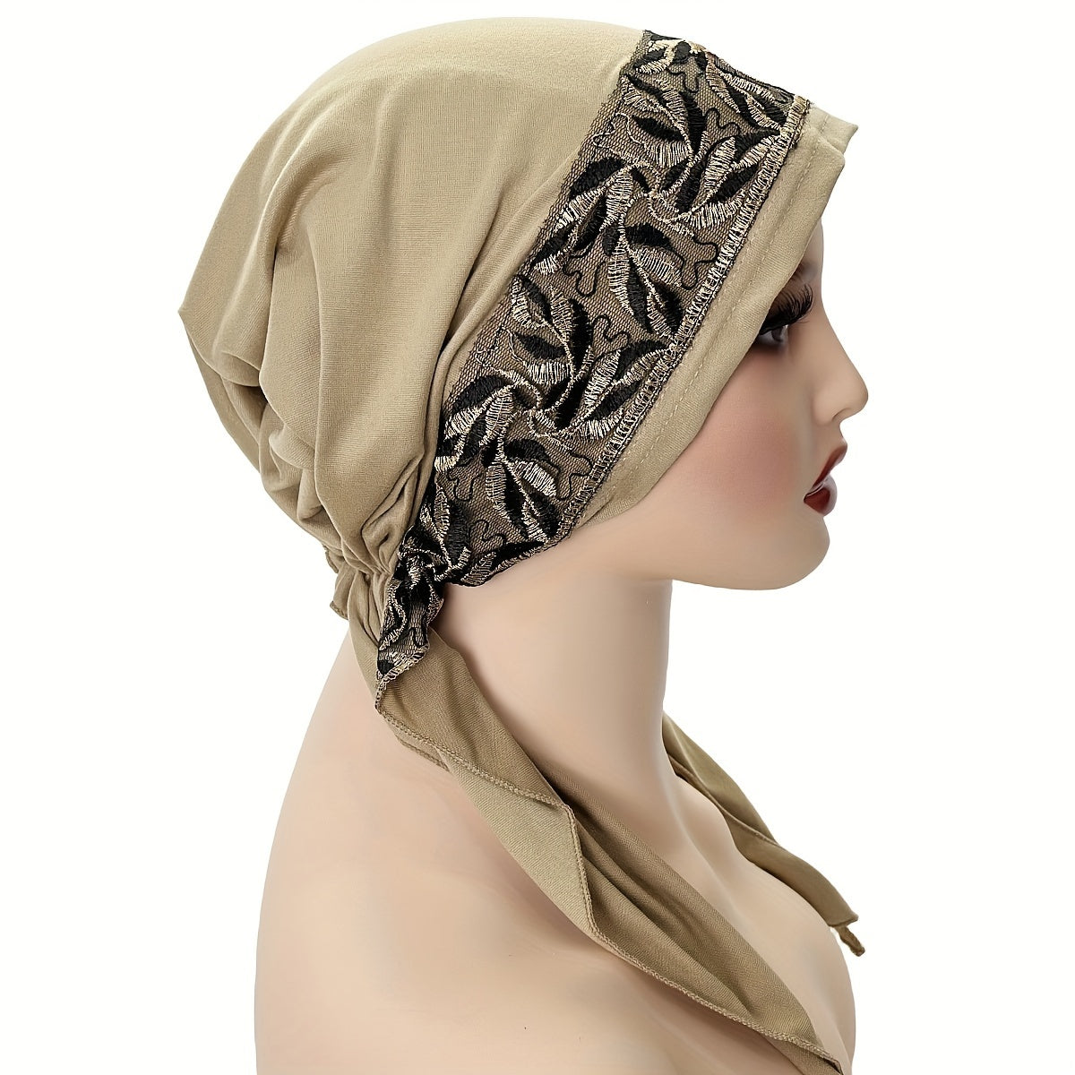 Black Elastic Chemo Hat with Embroidered Turban Design and Tails
