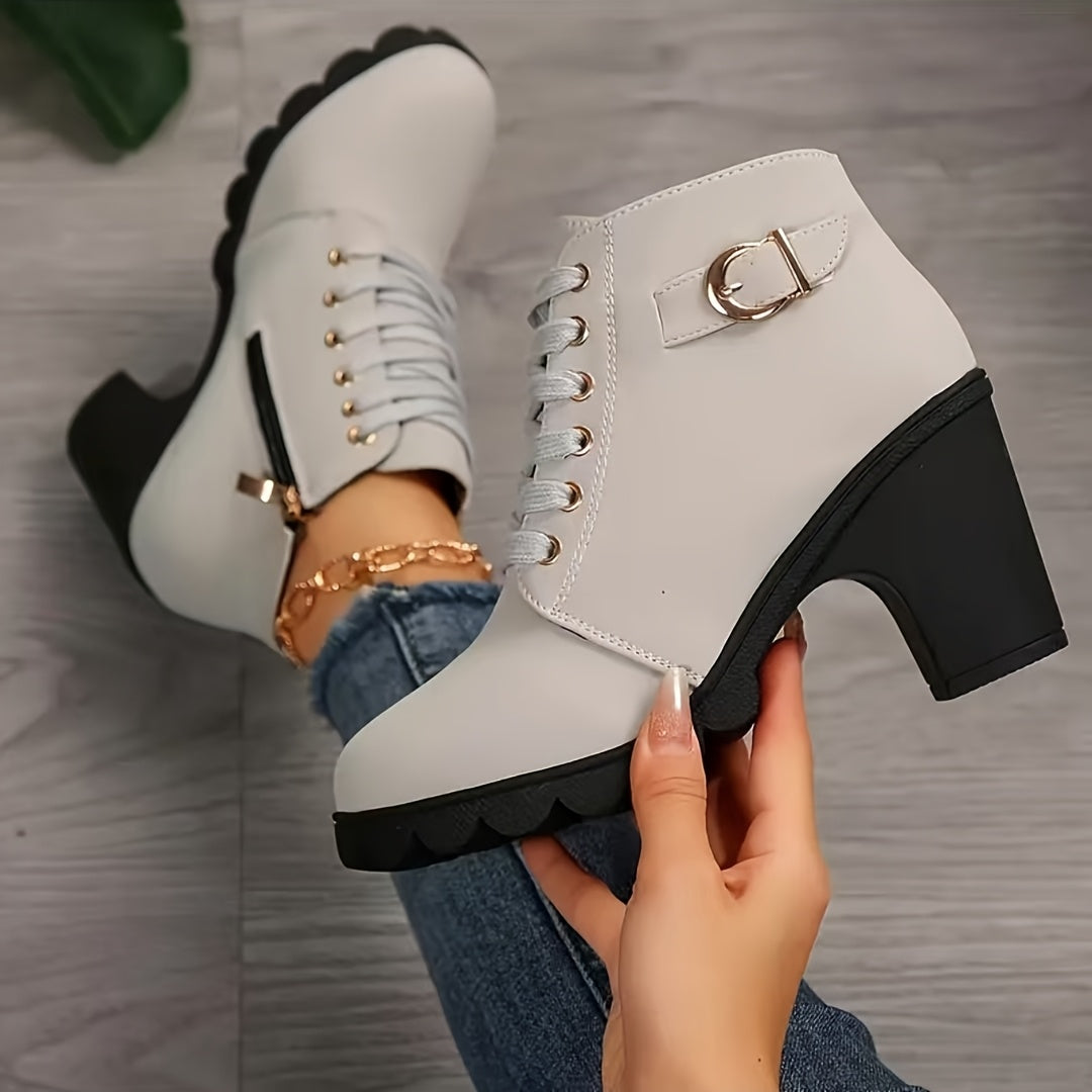 Women's Ankle Boots Zipper Lace-Up High Heel Square Toe All-Season
