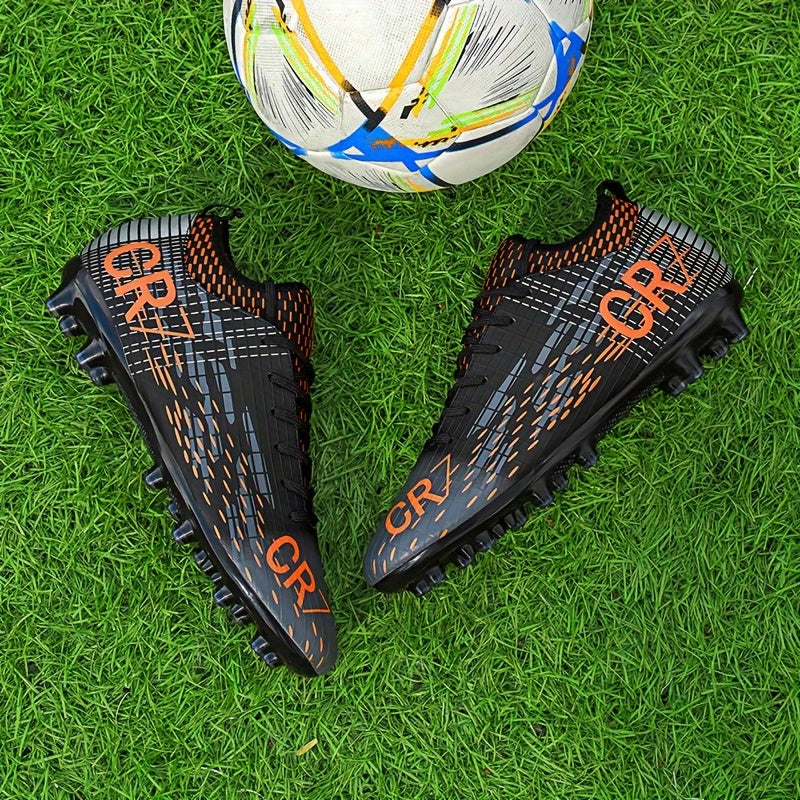 Black Breathable Football Cleats with Blue Accents Textured PU Upper Lace-Up Outdoor Sports Shoes