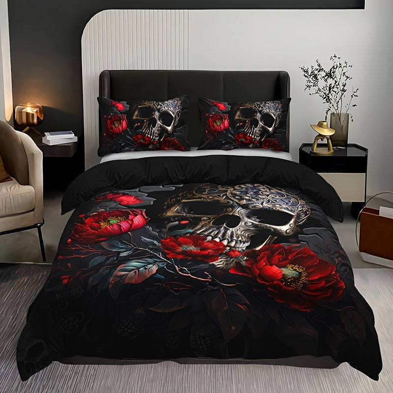 Gothic Skull Floral Duvet Cover Set 3 Pieces Breathable Bedding for Home and Dorm