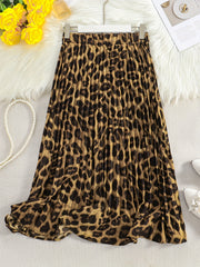 Women's Leopard Print Pleated Midi Skirt Polyester Flared Hem All Seasons