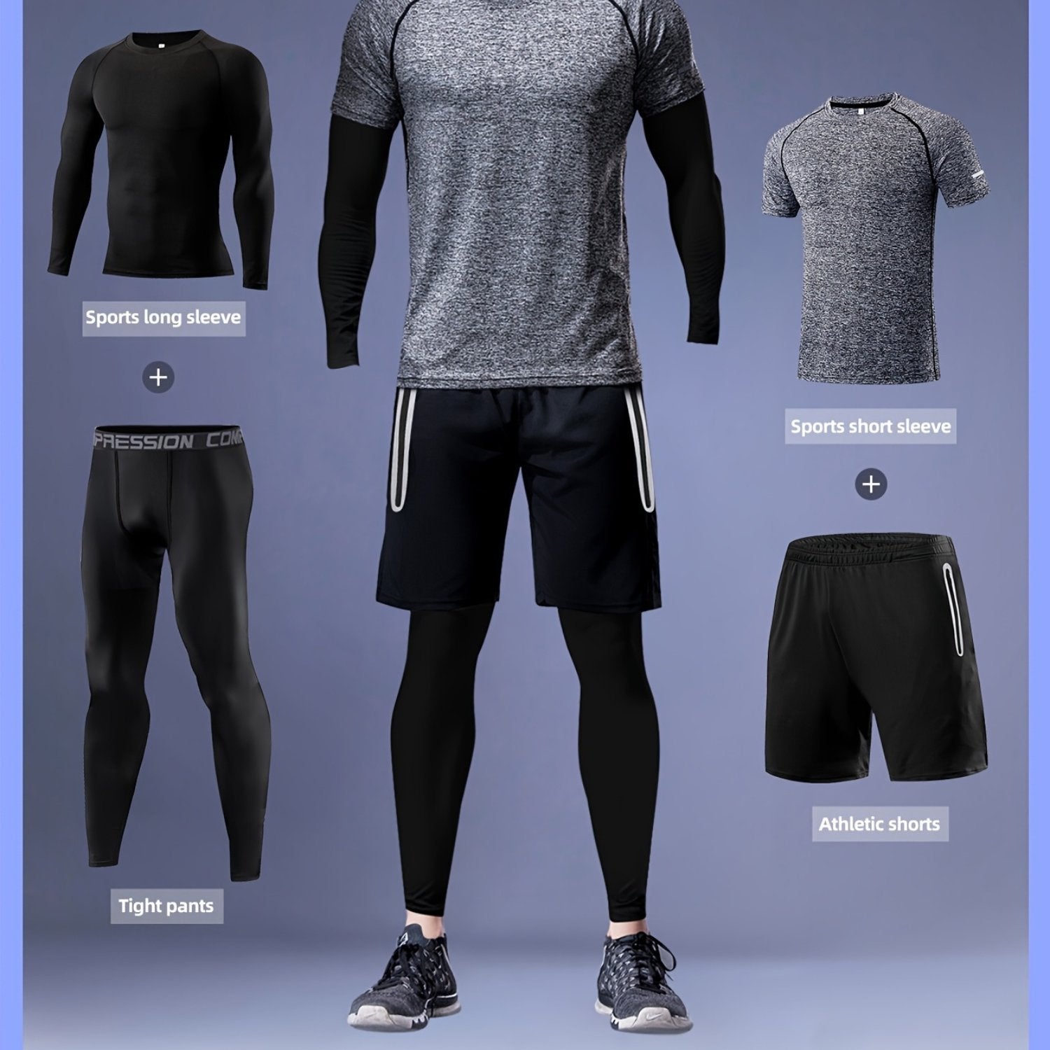 Men's 4-Piece Sports Set Long-Sleeve T-Shirt Pants Shorts for Autumn Basketball Fitness