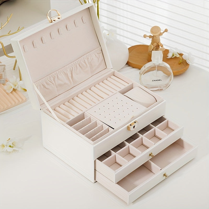 Leather Jewelry Box with Lockable Compartments and Velvet Interior for Home Storage
