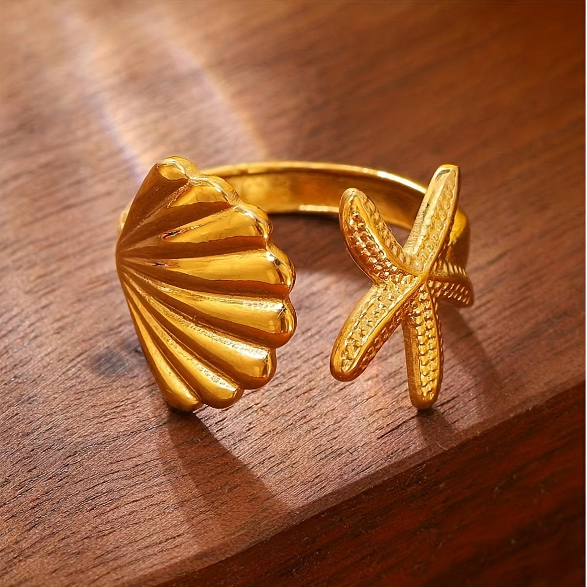 Women's Gold Shell Starfish Adjustable Beach Ring Ocean Style Jewelry