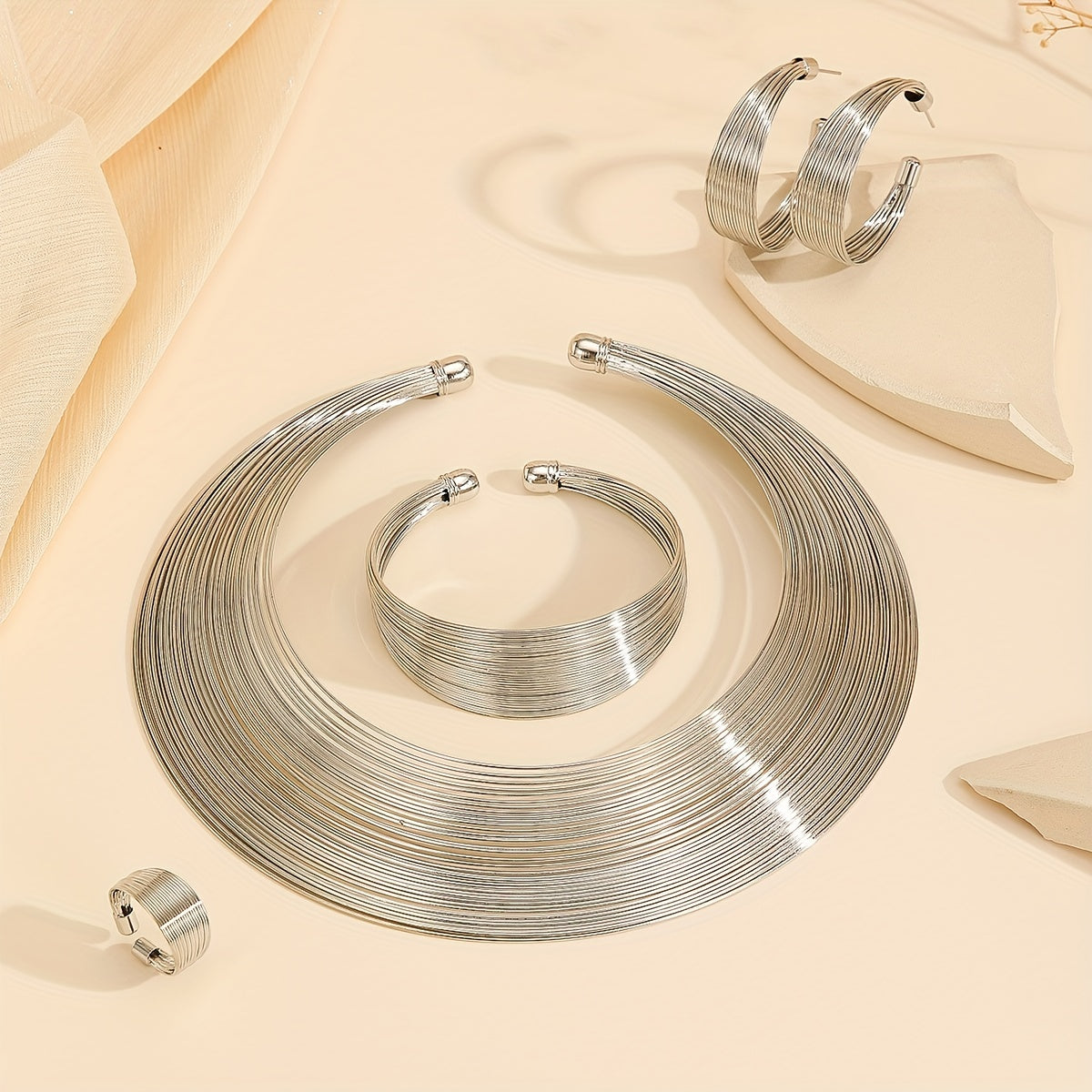 Gold Plated Jewelry Set with Necklace Bangle Earrings and Ring in Silver or Gold