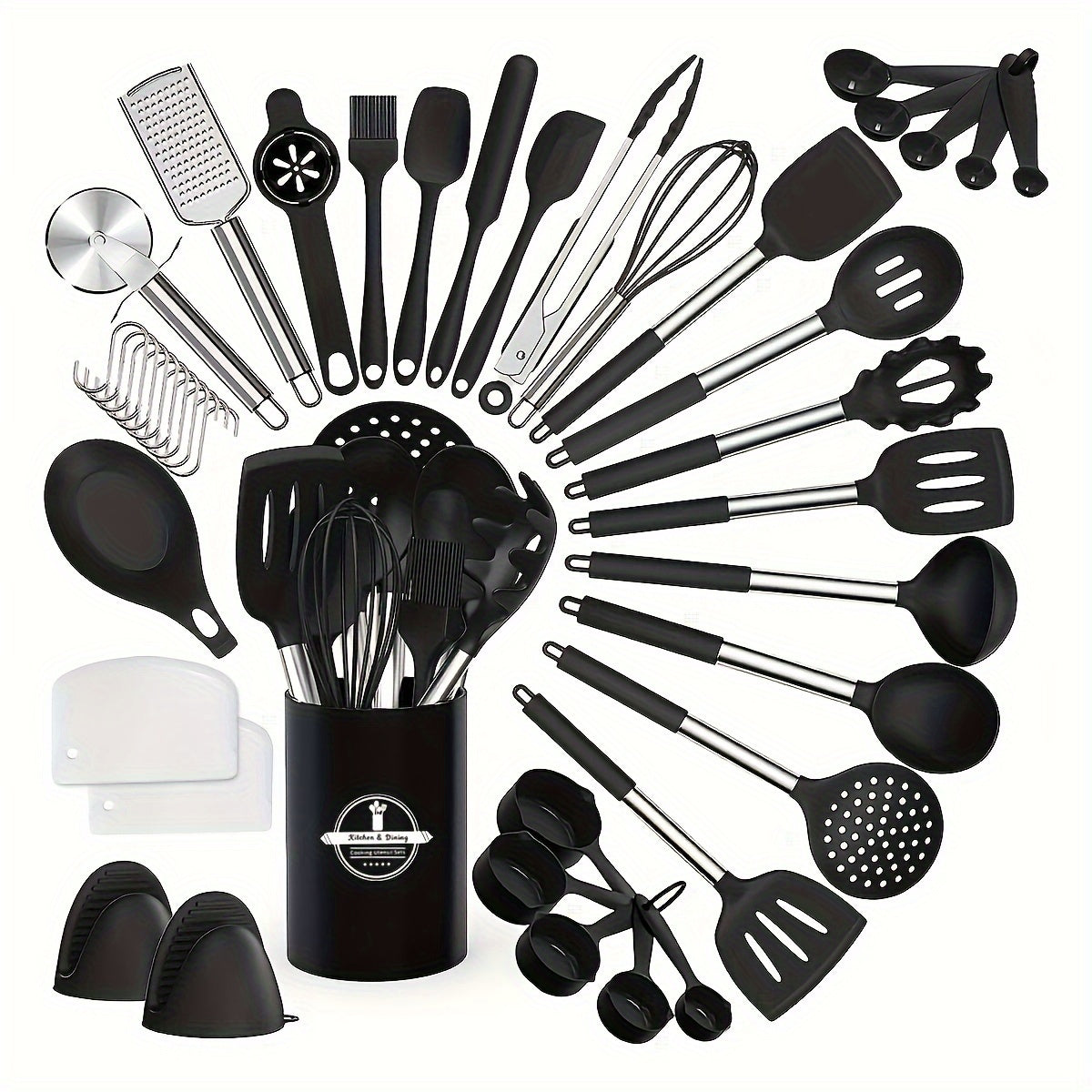 Set of 43 Silicone Kitchen Utensils with Stainless Steel Handles and Storage Bucket