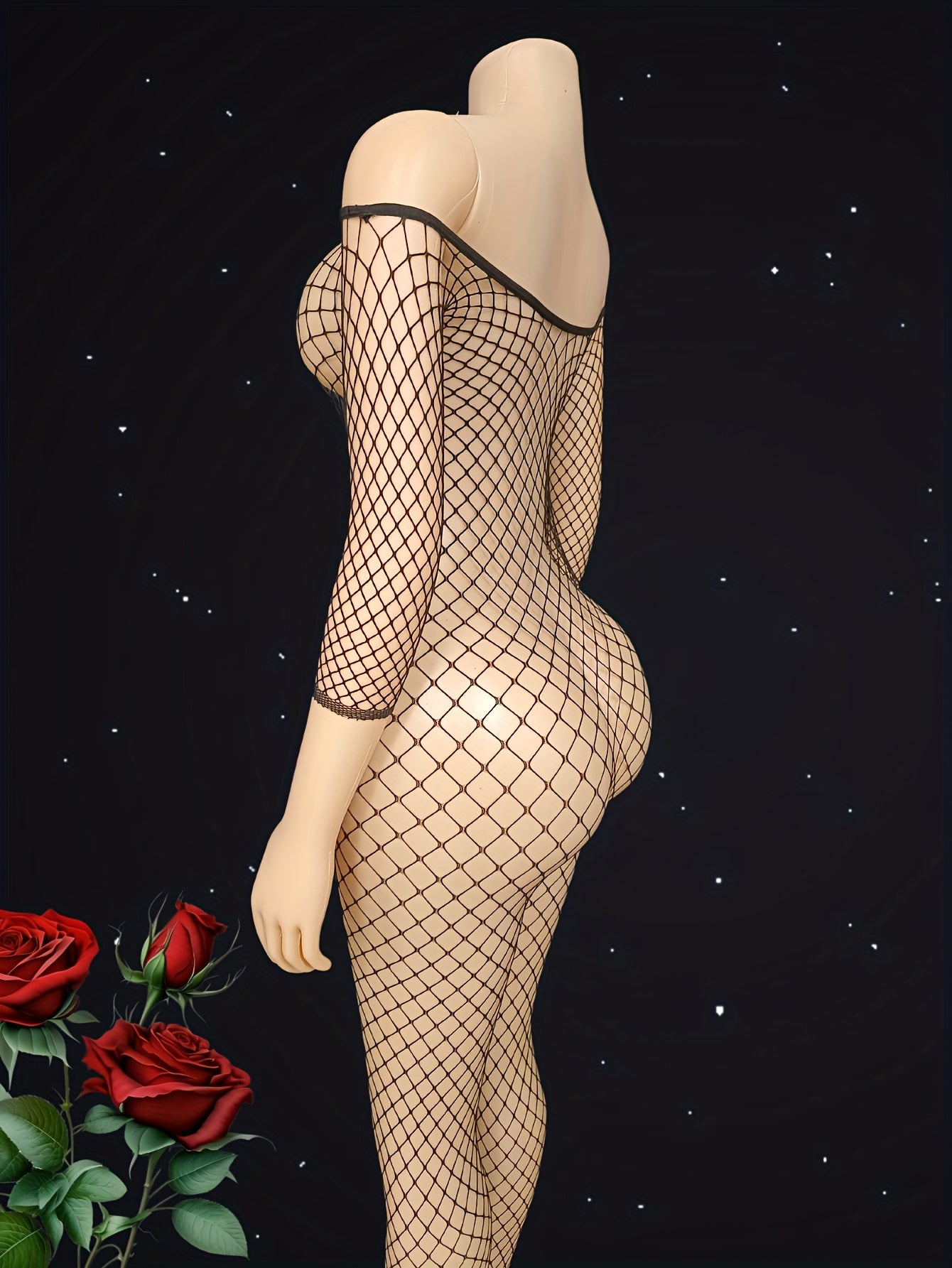 Women's Black Fishnet Bodysuit with Off-Shoulder Hollow-Out Back for Role Play and Valentine's Day