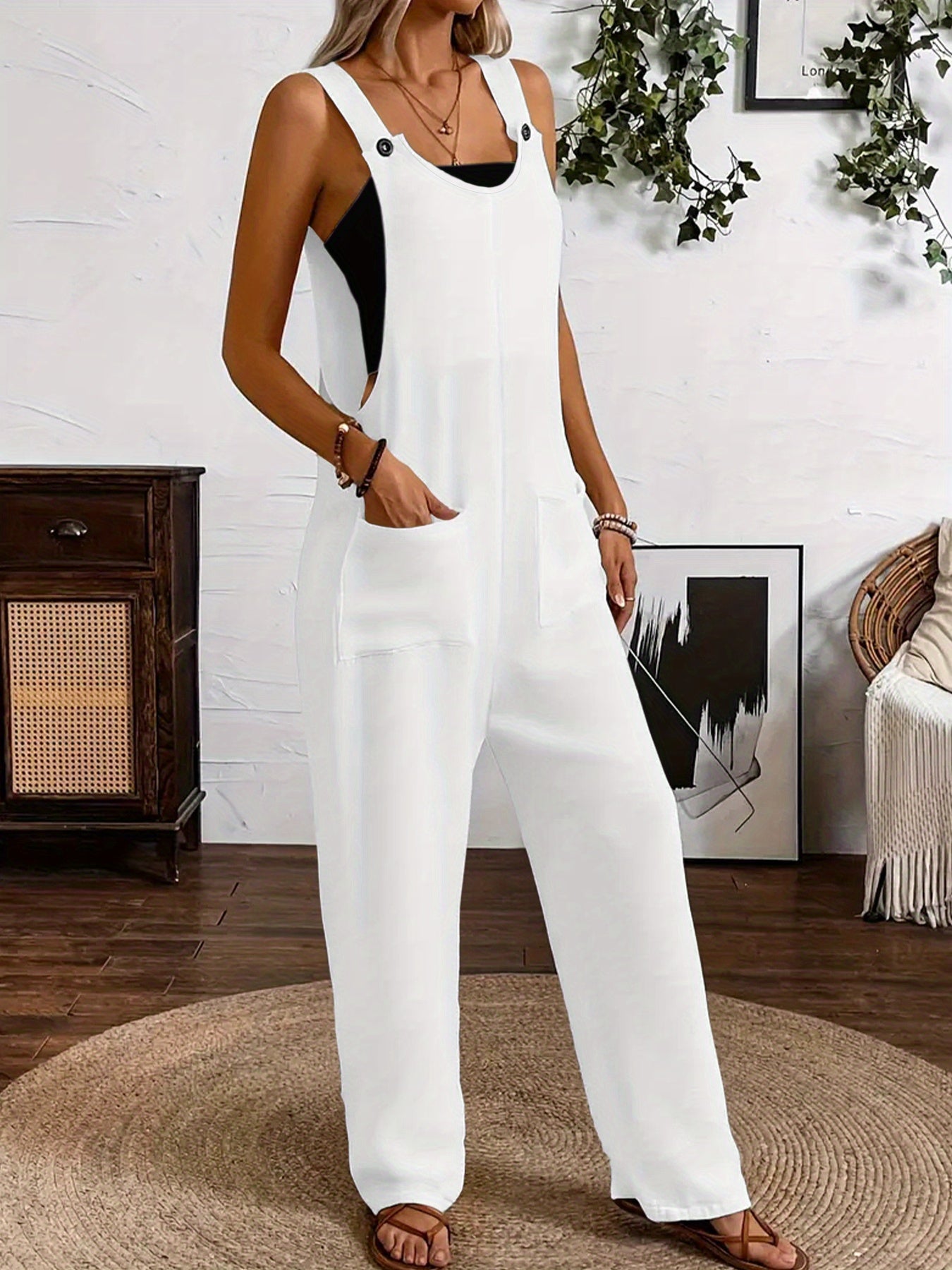 Women's Sleeveless Jumpsuit Solid Purple Wide Leg Pockets Stretchy