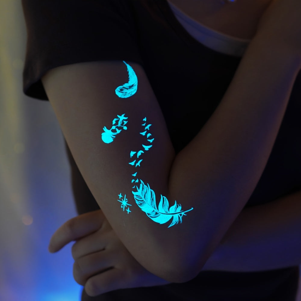 Blue Luminous Feather and Snake Tattoo Stickers for Women and Girls Glow in Dark Fake Body Art
