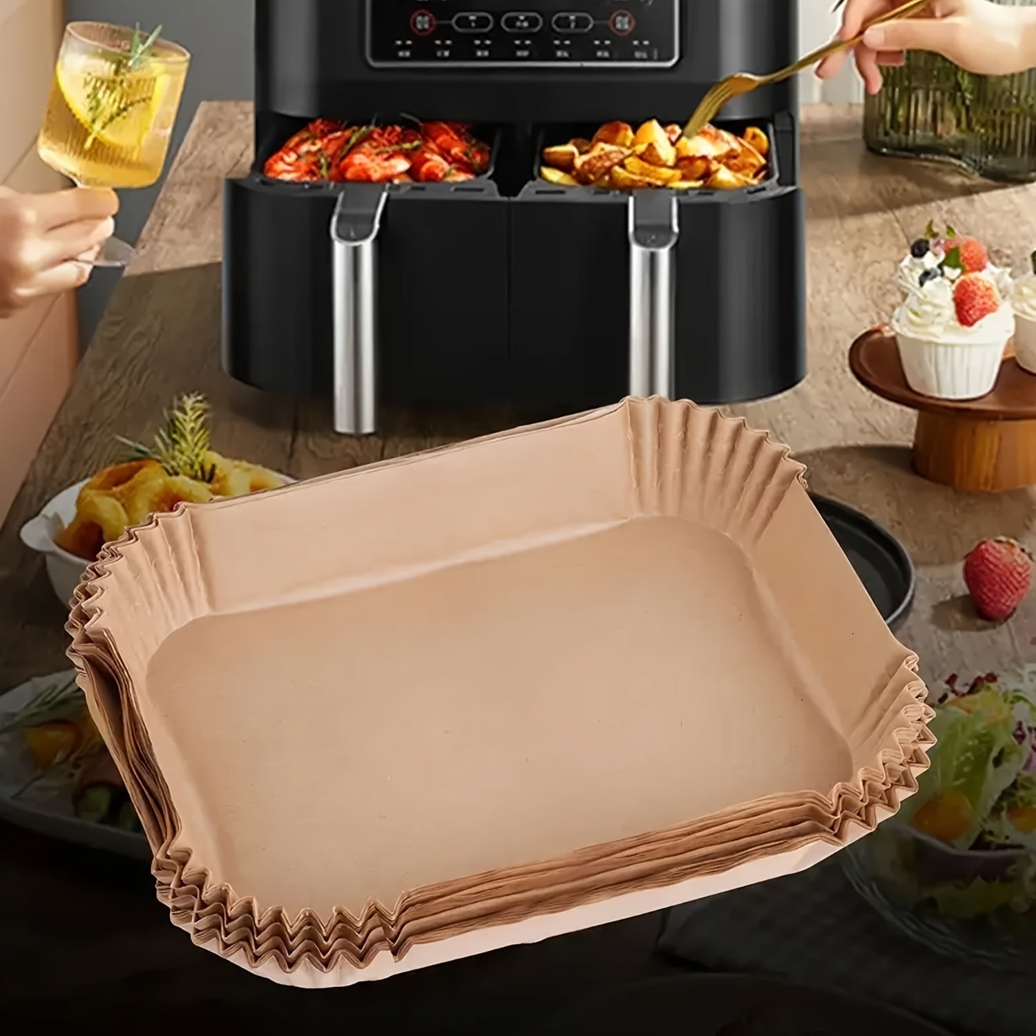 100 dona to'rtburchak shaklidagi havo frityur parchasi qog'oz qoplamalari - non-stick bir martalik pishirish idishlari, pechlar, oshxona asboblari va aksessuarlar uchun, kimyoviy moddalar ishlatilmagan materialdan tayyorlangan