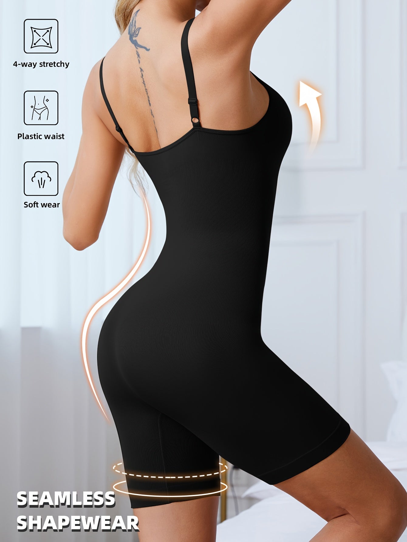 Women's Black High Support Seamless Knit Shapewear Bodysuit Without Padding