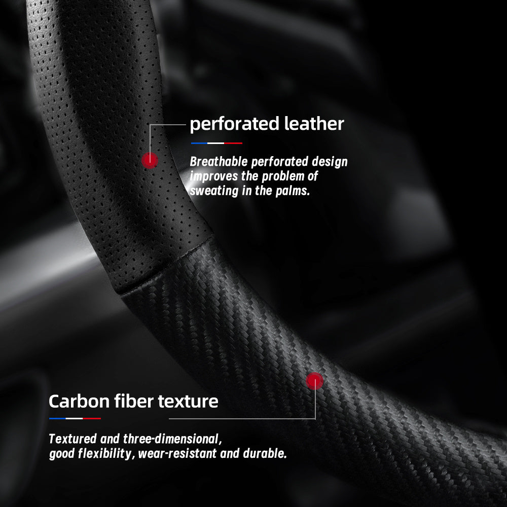 Leather Steering Wheel Cover Carbon Fiber Textured Breathable Black Burgundy Mocha Orange