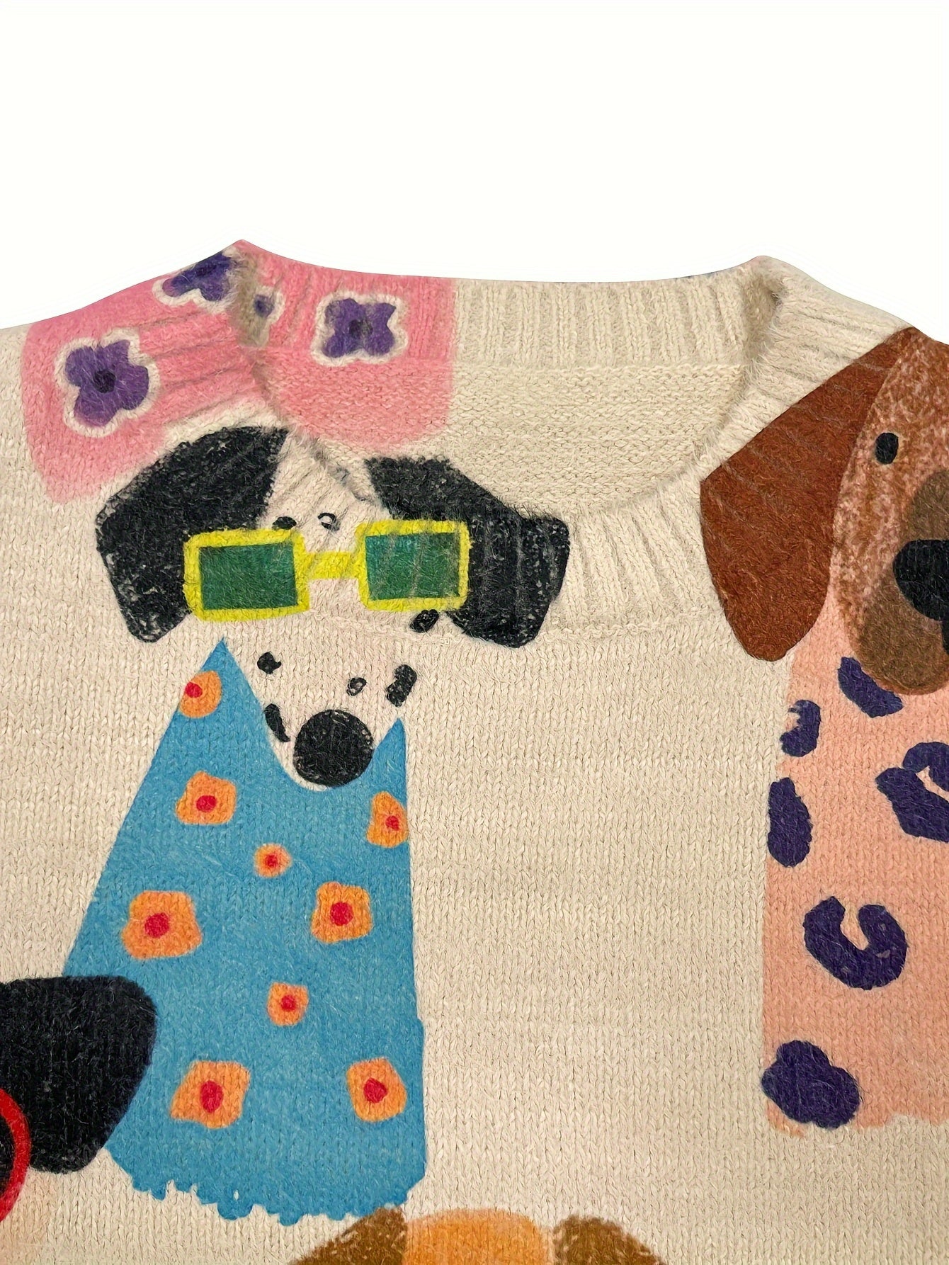 Women's Plus Size Dog Print Sweater Cozy Long Sleeve Crewneck Brown White