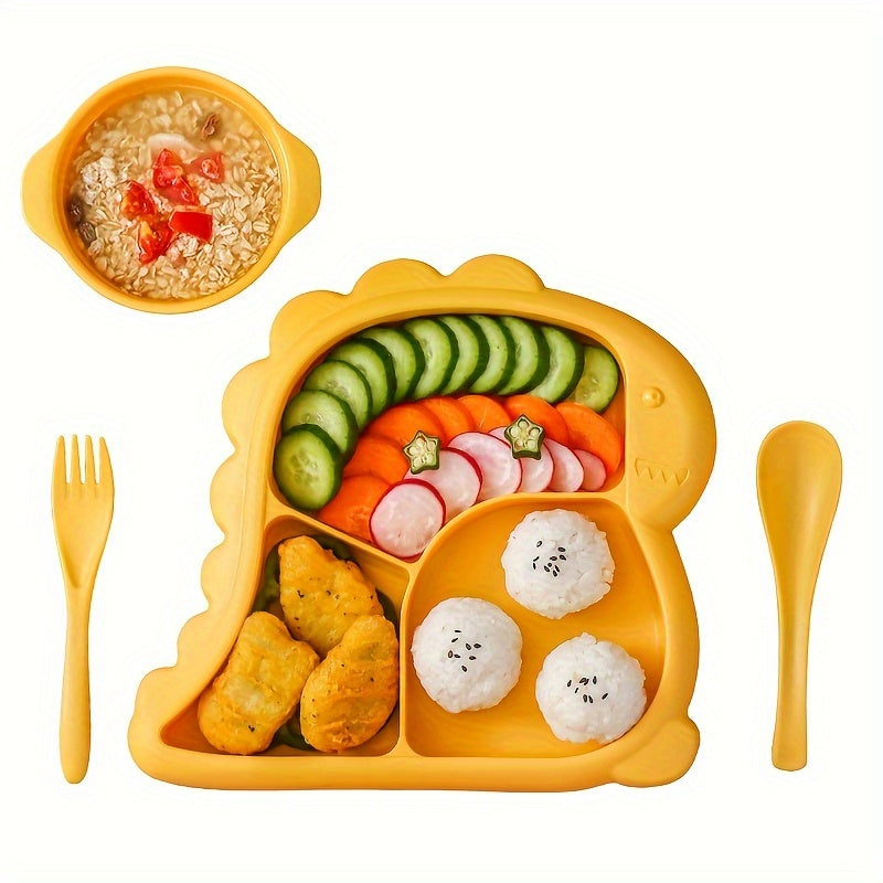 Children's Dinosaur-Shaped BPA-Free Plastic Dinnerware Set with Plate Bowl Fork Spoon