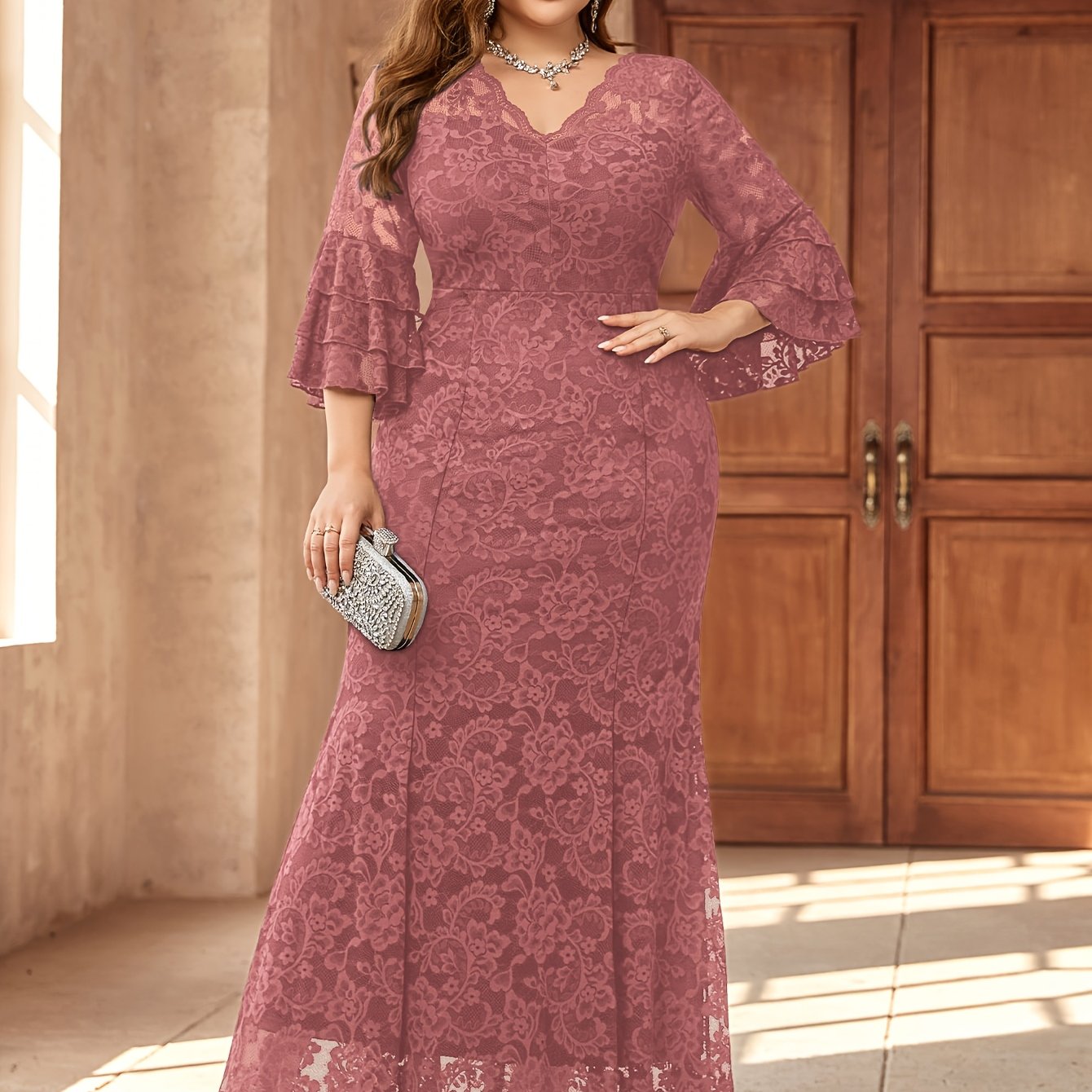 Plus Size Women’s Elegant V-Neck Long Evening Gown with Bell Sleeves