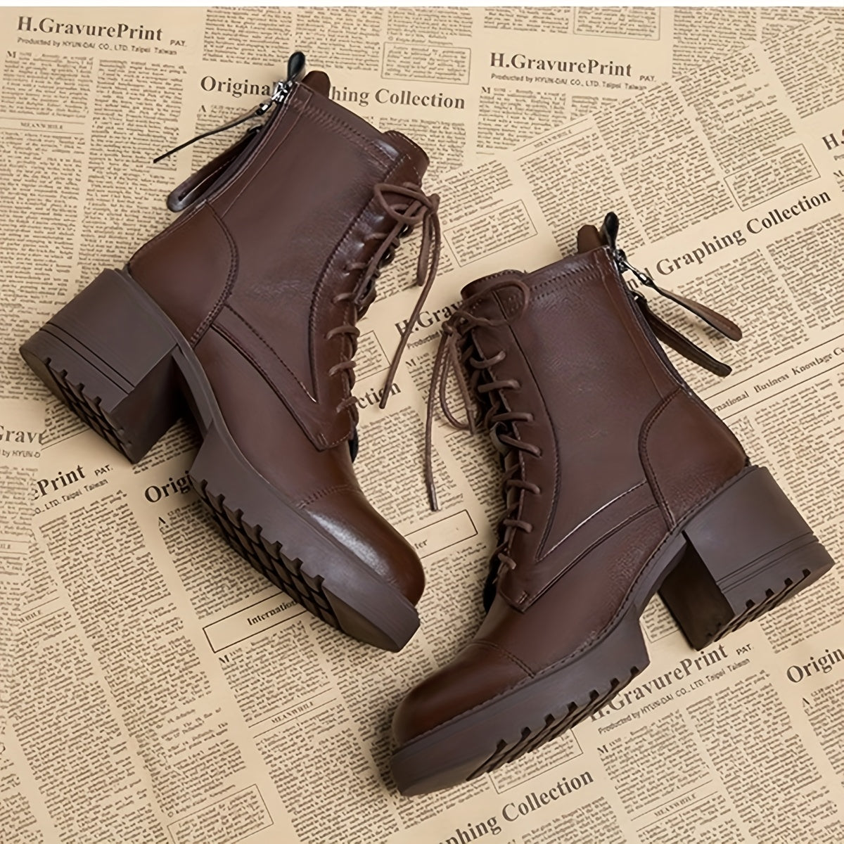 Women Chunky Platform Ankle Boots Brown Faux Leather Round Toe with Zipper