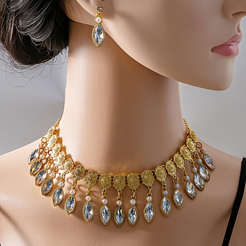 Vintage Boho-Chic Jewelry Set Rhinestone Faux Pearl Necklace Earrings Ring for Weddings and Events