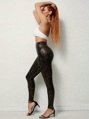 Women's Plus Size Snake Print High-Waist Leggings Stretchy Skinny Pants Brown