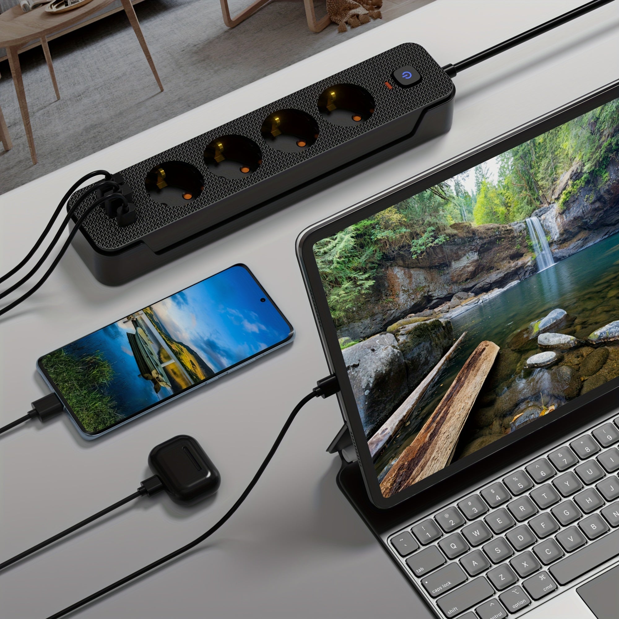 Europe Power Strip with 3/4/5 Sockets, 2m Extension Cord, Main Switch for Home Office Kitchen Garage Outdoors