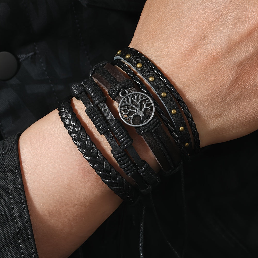 Set of 10 Multi-Layer Woven Bracelets with Peace Tree Design in Black PU Leather