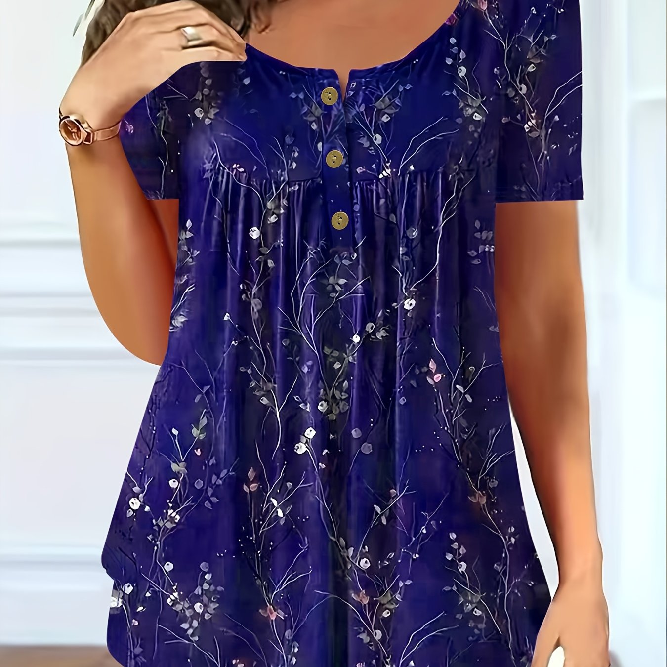 Plus Size Women's Floral Print Blouse Short Sleeve Summer Breathable Fabric