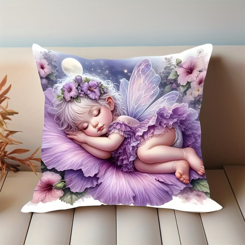 Angel Girl Plush Pillowcase Fairy Tale Design Sleeping Fairy Floral Starry Night Soft Bedroom Decor
