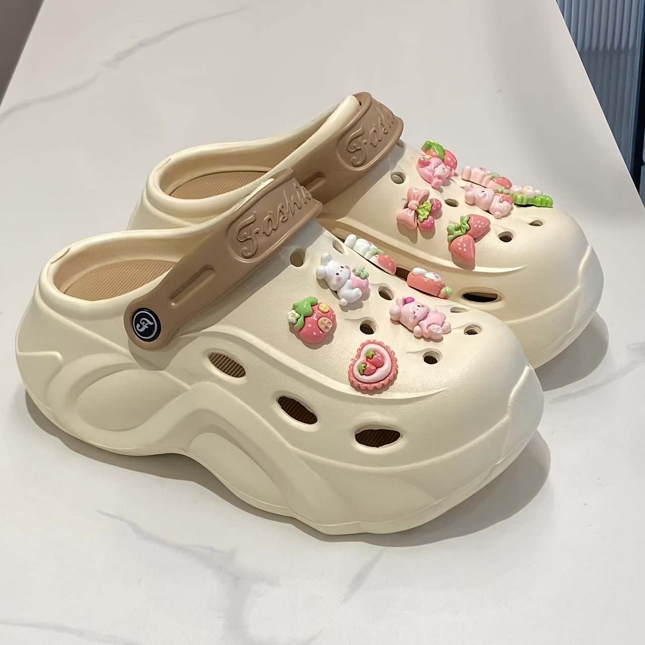 Women's EVA Hole Shoes with Pink Bunny Heel Sunflower Accessories