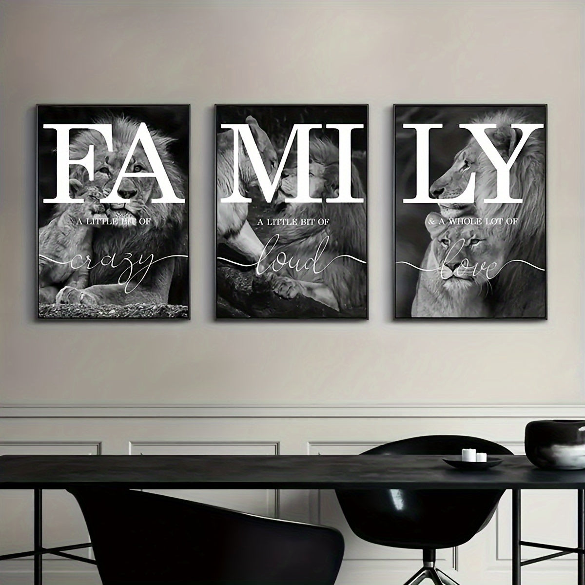 Unframed Black and White Lion Family Canvas Wall Art Set for Bedroom Living Room Decor