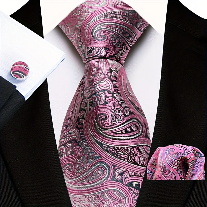 Men's Floral Plaid Necktie and Handkerchief Clip Set for Business and Weddings
