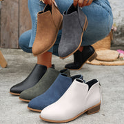 Women's White Ankle Boots Pointed Toe Chunky Heel Zipper Slip-On