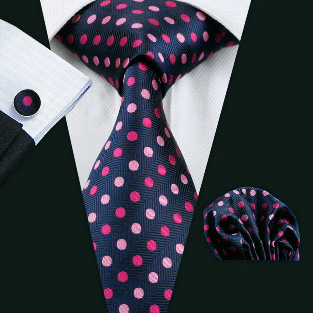 Men's Accessories Set Polka Dot Necktie Pocket Square Cufflinks Gift