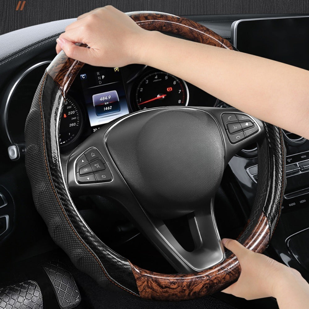 Universal Wooden and Faux Leather Steering Wheel Cover Non-Slip Breathable Durable