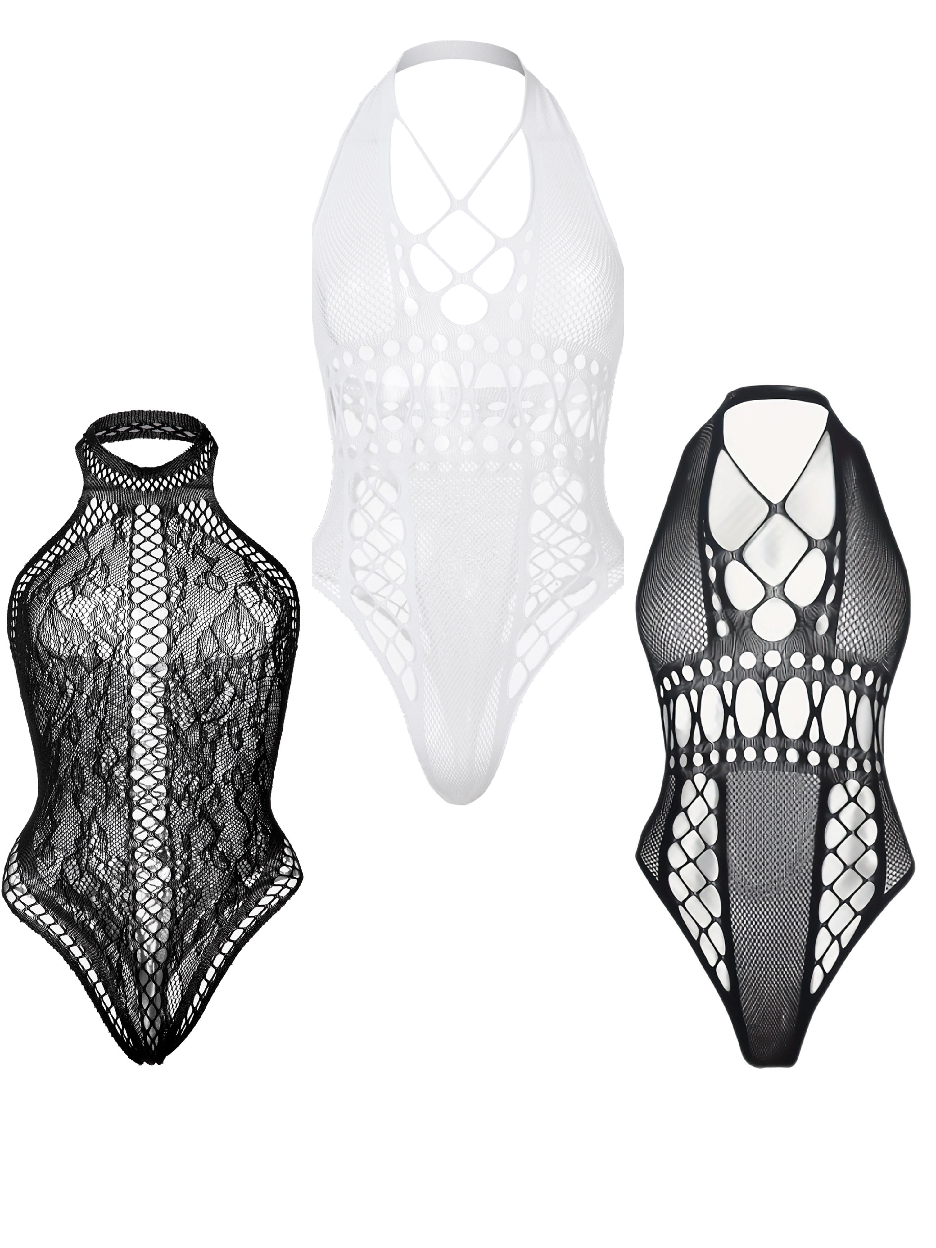Women’s Lace Mesh Bodysuits 3-Pack Hollow-Out Jacquard Knit Low Support Nightclub Fashion
